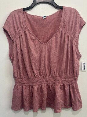 Old Navy NWT Blouse Top XL Pink Gauze Smocked Waist Peplum V Neck